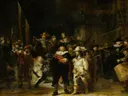 De Nachtwacht van Rembrandt van Rijn: figuren met schutters, vaandel, trommel en wapens, in donker bruin met geel