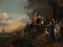 De Nederlandse ambassadeur op weg naar Isfahan van Jan Weenix: landschap met karavaan, ruiters, paarden en reizigers, in warm oranje en bruin