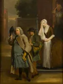 De ontdekte schijndeugd: de geveinsde droefheid van Geertruy van Cornelis Troost: figuren met mensen, kamer, verdriet en gezelschap, in donker bruin en blauw