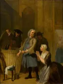 De ontdekte schijndeugd: de ontdekking van Volkert in de mand van Cornelis Troost: interieur met kamer, mensen, mand en ontdekking, in warm bruin en geel
