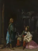 De onwelkome boodschap van Gerard ter Borch: interieur met soldaat, bode, brief en kamer, in donker met rood en blauw