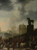 De opgang naar het Kapitool met de schimmel van de nieuw gekozen paus van Johannes Lingelbach: stad met Rome, standbeeld, menigte en schimmel, in donkerbruin en grijs