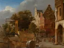 De ophaalbrug van Jan van der Heyden: stad met ophaalbrug, huizen, kar en gracht, in warm bruin en blauw