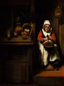 De oude kantwerkster van Nicolaes Maes: figuren met oude vrouw, kantklossen, mand en interieur, in donker bruin met rood