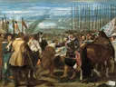 De overgave van Breda van Diego Velazquez: figuren met soldaten, paarden, lansen en ruiters, in bruin, grijs en blauw