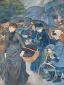 De paraplu's van Pierre-Auguste Renoir: figuren met paraplus, stad, vrouwen en kinderen, in blauw en grijs