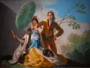 De parasol van Francisco Goya: figuren met parasol, vrouw, man en zomer, in blauw, geel en groen