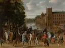 De prinsen van Oranje en familieleden op het Buitenhof, Den Haag van Paulus van Hillegaert (I): stad met ruiters, paarden, paleis en gracht, in warm bruin met blauw