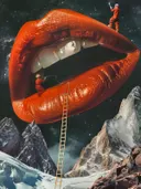 Surrealistisch schilderij van reuzenlippen in berglandschap