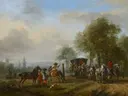De rijschool van Philips Wouwerman: landschap met paarden, ruiters, koets en bomen, in gedempt groen met blauw