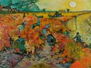 De rode wijngaard van Vincent van Gogh: landschap met wijngaard, oogst, werkers en zon, in rood oranje en geel