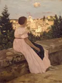 De roze jurk van Frédéric Bazille: portret met vrouwen, loofboom en gestreept