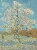 De roze perzikboom van Vincent van Gogh: landschap met bloesemboom, lente, veld en perzikboom, in roze met lichtblauw