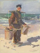 De schelpenvisser van Jan Toorop: figuren met visser, strand, mand en zee, in licht blauw en zandbeige