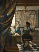 De Schilderkunst van Johannes Vermeer: interieur met schilder, atelier, gordijn en landkaart, in warm blauw en oker