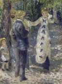 De schommel van Pierre-Auguste Renoir: figuren met schommel, tuin, bomen en kind, in zacht blauw en wit