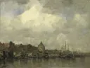 De Schreierstoren aan de Buitenkant te Amsterdam van Jacob Maris: stad met Amsterdam, toren, water en schepen, in gedempt grijs