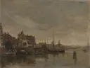De Schreierstoren met de brug over de Gelderse Kade te Amsterdam van Jacob Maris: stad met Amsterdam, gracht, toren en schepen, in gedempt bruin en grijs
