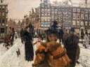 De Singelbrug bij de Paleisstraat in Amsterdam van George Hendrik Breitner: stad met Amsterdam, brug, sneeuw en mensen, in wit, oranje en grijs