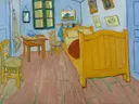 De slaapkamer van Vincent van Gogh: interieur met slaapkamer, bed, stoelen en schilderijen, in geel en blauw