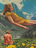 Surrealistisch schilderij van reuzin liggend op berg
