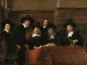 De Staalmeesters van Rembrandt van Rijn: portret met mannen, hoeden, tafel en rood kleed, in donkerrood en zwart
