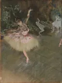 De ster van Edgar Degas: figuren met ballet, danseres, podium en tutu, in zacht roze en groen