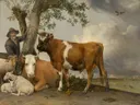De stier van Paulus Potter: dieren met stier, koe, schapen en herder, in warm bruin en wit