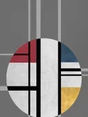 Kubistisch schilderij met geometrische cirkel in rood, blauw en goud