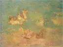 De Strijdwagen van Apollo van Odilon Redon: abstract met paarden, wolken, zon en droom, in zacht goudgeel en turquoise