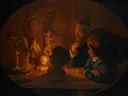 De tekenles van Jan ter Borch: interieur met kaarslicht, kamer, figuren en tafel, in donker met warm goud