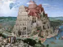 De Toren van Babel van Pieter Bruegel de Oude: stad met toren, bouwwerk, haven en schepen, in warm beige met blauw