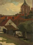 De toren van Gorkum van George Hendrik Breitner: stad met toren, kerk, huizen en daken, in warm rood en grijs