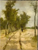 De Torenlaan te Laren van Anton Mauve: landschap met laan, bomen, zandweg en dorp, in gedempt geelgroen
