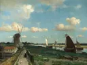 De Trekvliet van Johan Hendrik Weissenbruch: landschap met molen, water, wolken en weiland, in helder blauw en groen