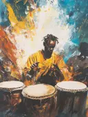 Man speelt op Afrikaanse trommels, expressief schilderij