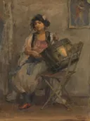 De trommelaarster van Isaac Israels: figuren met vrouw, trommel, muziek en zittend, in warm bruin