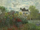 De tuin van de schilder in Argenteuil, met dahlia's van Claude Monet: landschap met huizen en bomen