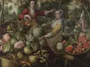 De vier elementen: Aarde: groente- en fruitmarkt met in de achtergrond de vlucht naar Egypte van Joachim Beuckelaer: figuren met fruit en straat