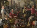 De vier elementen: Lucht: hoendermarkt met in de achtergrond de Verloren Zoon van Joachim Beuckelaer: figuren met straat