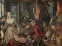 De vier elementen: Vuur: keukeninterieur met in de achtergrond Christus in het huis van Martha en Maria van Joachim Beuckelaer: figuren met straat