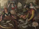 De vier elementen: Water: viskraam met in de achtergrond de wonderbaarlijke visvangst van Joachim Beuckelaer: figuren
