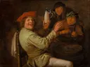 De vijf zintuigen: Gehoor van Jan Miense Molenaer: figuren met muziek, zingen, kruik en boeren, in warm bruin met rood