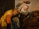 De vijf zintuigen: Gevoel van Jan Miense Molenaer: figuren met boeren, ruzie, schoen en kamer, in warm bruin met geel