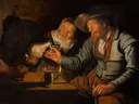 De vijf zintuigen: Gezicht van Jan Miense Molenaer: figuren met man, vrouw, kaars en herberg, in warm bruin