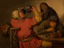De vijf zintuigen: Smaak van Jan Miense Molenaer: figuren met drinker, kruik, boeren en herberg, in warm bruin met rood