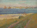 De vissersvloot van Veere van Jan Toorop: zee met zee, schepen, strand en duinen, in licht blauw en zandgeel