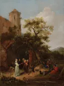 De waarzegster van Jan Steen: figuren met waarzegster, boom, kinderen en kerk, in gedempt groen en bruin
