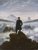 De wandelaar boven de nevelen van Caspar David Friedrich: landschap met man, rots, mist en bergen, in gedempt blauwgrijs