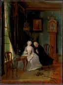De wanhebbelijke liefde', misschien de scène van de weduwnaar Joost bij Lucia, 2de toneel uit het gelijknamige stuk van C J van der Lijn van Cornelis Troost: interieur met kamer, staande klok, paar en raam, in warm rood en bruin